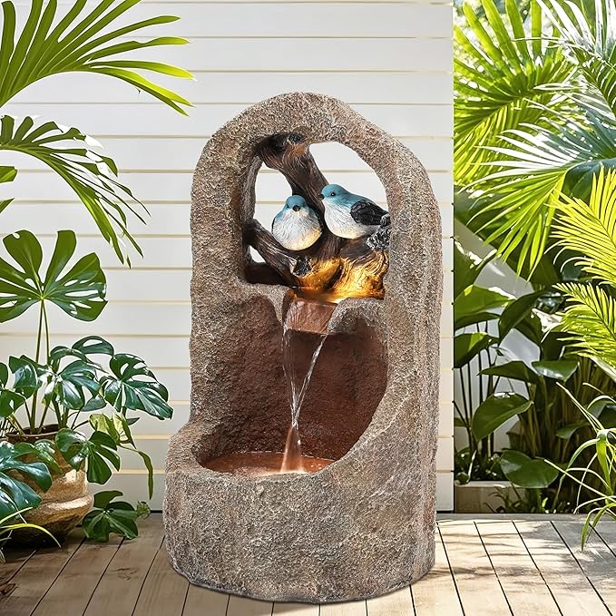 27" Outdoor Water Fountain with LED Lights,2-Tier Bird Natural Zen Garden Fountain, Relaxing Waterfall Floor, Yard, Porch or Deck Decor, Whether-Resistant, Faux Granite Texture - Bloomnest