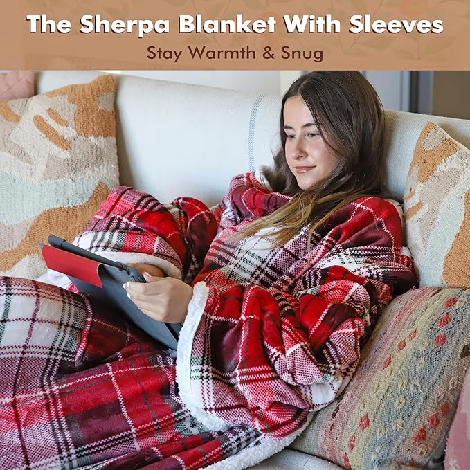 Tirrinia Sherpa Wearable Blanket With Sleeves, Full Body Throw Reading Wrap TV Blankets - Bloomnest