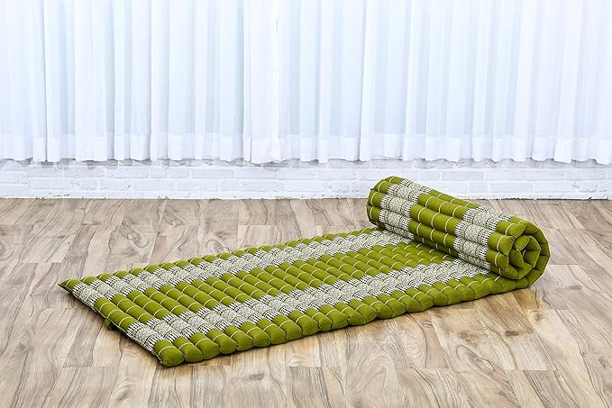 Leewadee - Foldable Floor Mattress - Japanese Roll Up Futon -Trifold Tatami Mat- Guest Floor Bed - Camping Mattress - Thai Massage Mat, Kapok Filled, 75 x 28 inches, Green - Bloomnest