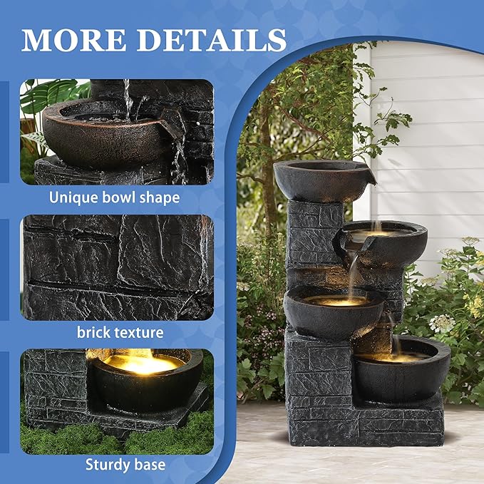 Outdoor Water Fountains with Cascading Bowls, 4-Tiers Fountains and Waterfalls w/LED Lights,Indoor Morden Floor Standing Resin Water Feature for Garden Patio Backyard Home Decor (Grey & Brown) - Bloomnest