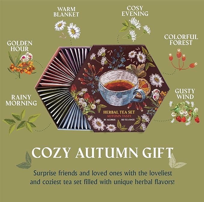 ACORUS Autumn Taste Tea Set, Natural Herbal Tea Variety Pack, Assorted Tea Box, Tea Gift Set of 6 Different Teas, Herbal Tea Sampler of 60 Tea Bags Individually Wrapped, Discover Rich Autumn Teas - Bloomnest
