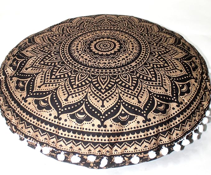 CRAFT KALA Large Round Bohemian Floor Pillow Pouf Cover Mandala Meditation Room Pillow Cover for Adults Boho Seating Poufs Cushion Cover for Kids Playroom 32" Black Gold Ombre - Bloomnest