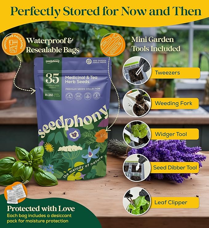 35 Medicinal & Tea Herb Seeds Variety Pack - 16,285+ Non-GMO Heirloom Herbs Seeds for Planting Indoor & Outdoor: Lavender, Rosemary, Echinacea, Mint, Catnip, Basil - Gardening Seed Packets - Bloomnest