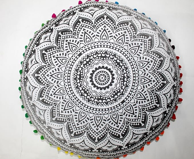 CRAFT KALA Large Round Bohemian Floor Pillow Pouf Cover Mandala Meditation Room Pillow Cover for Adults Boho Seating Poufs Cushion Cover for Kids Playroom 32" Round Grey Ombre - Bloomnest