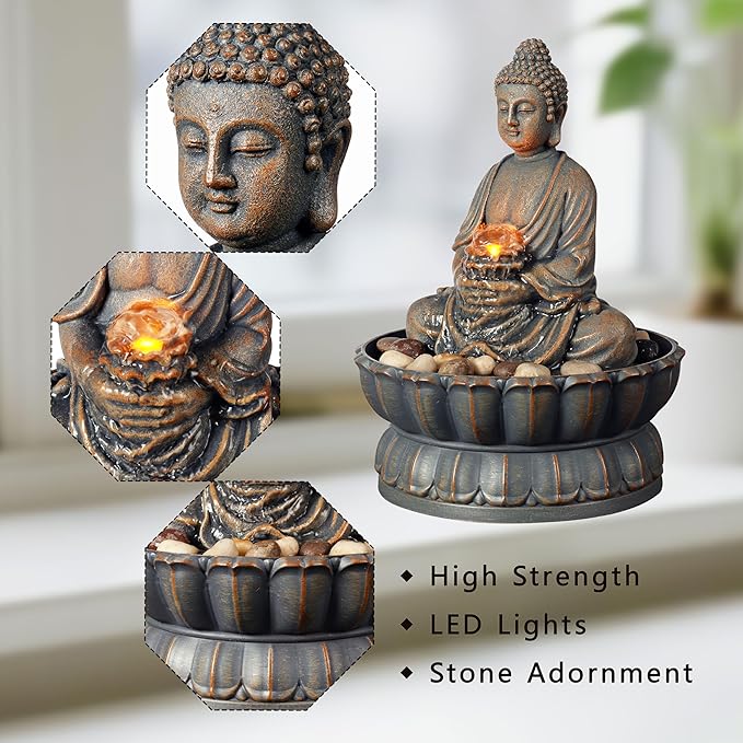 Kalona Home Décor 9.6" Tabletop Fountain Exquisite Smile Sitting Buddha Fountains Desk Water Fountain Decorative Zen Fountain w/Reflective Lighting/Cobblestone Office and Home Decor(21125A) - Bloomnest