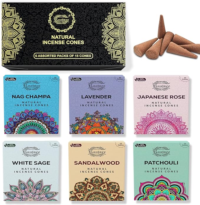 Raajsee Natural Incense Cones,6 Pack Mixed Scents Gift Pack 15 pc Each (90 Total), Insense Cones Variety Pack, 100% Organic Non Toxic Natural - Hand Rolled Free from Chemicals (Pack 1) RAAJSEE