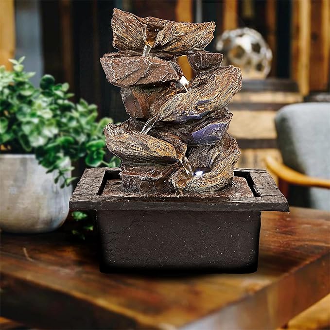 Father'sDen Collection 11-inch Waterfall Fountain Indoor - Tabletop Water Fountain - Indoor Fountains and Waterfalls with Soothing Sounds & In-Pot LED Light Enhancement - Bloomnest