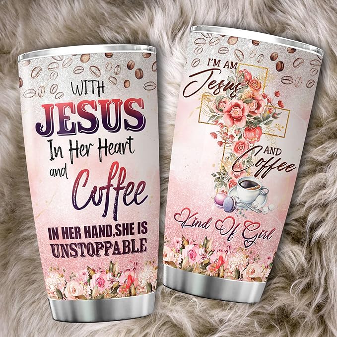With Jesus In Her Heart And Coffee In Her Hand Insulated Stainless Steel Tumbler Flower Floral Christian Coffee Cup 20oz God Jesus Gifts For Women Religious Mug With Lid - Bloomnest