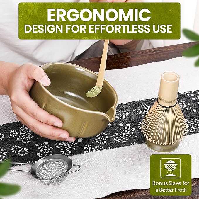 Matcha Whisk Set – 5 Piece Japanese Matcha Tea Set w/Ceramic Matcha Bowl, 100-Prong Bamboo Whisk & Holder, Scoop, & Stainless Sifter – Traditional Matcha Making Kit (Mottled Green) - Bloomnest