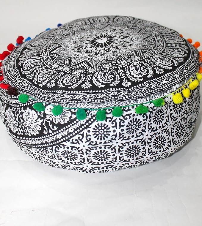 INDIAN CRAFT CASTLE ICC Mandala Barmeri Large Floor Pillow Cover Cushion Meditation Seating Ottoman Throw Cover Hippie Decorative Zipped Bohemian Pouf Ottoman Cases Black Elephant, 24" Round - Bloomnest