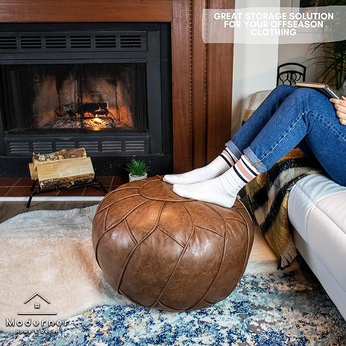 Moderner Faux Leather Pouf Unstuffed Ottoman Moroccan Footstool, Floor Footrest Cushion, Storage Solution - Natural Brown Color (Mocha, Round) - Bloomnest