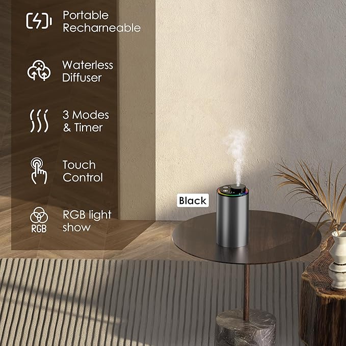 Waterless Essential Oil Diffuser, Portable Aromatherapy Diffuser,3 Countdown Timers & 3 Mist Levels for Home, Room, Car, Office - Bloomnest