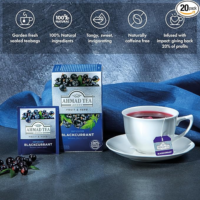 Ahmad Tea Herbal Tea, Blackcurrant Teabags, 20 ct (Pack of 1) - Decaffeinated & Sugar-Free - Bloomnest