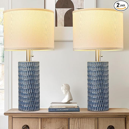 Table Lamps for Living Room Set of 2, Ceramic Table Lamps for Bedroom, 20" Modern Lamps for Night Stands, Dark Blue - Bloomnest