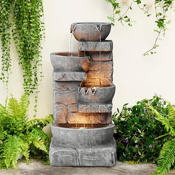 Teamson Home 33.25 in. Cascading Bowls and Stacked Stones LED Outdoor Water Fountain for Gardens, Landscaping, Patios, Balconies, and Lawns for a Calming Oasis in Outdoor Living Spaces, Stone Gray - Bloomnest