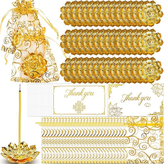 Amyhill 138 Pack Diwali Gifts Bulk, Lotus Incense Burner, Indian Return Gifts for Pooja Bulk, Stick Holder, Gold Double Layer Design with Organza Bags & Thank You Cards, Indian Return Gift (Golden) - Bloomnest