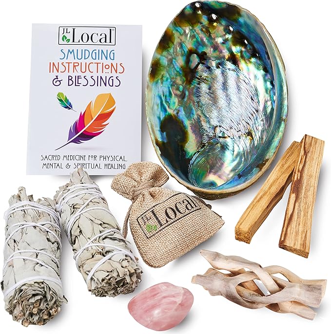 JL Local Perfect Unity Smudging Kit - 2 White Sage Smudge Sticks + 2 Palo Santo Sticks + Abalone Shell Bowl + Rose Quartz Crystal | Healing Incense for Cleansing, Blessing, Protection, Meditation JLLocal