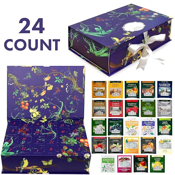 Ahmad Tea Advent Calendar Box, Tea Bags Sampler, Variety Pack Gift (24 Count) 24 DIfferent Flavors of Tea - Bloomnest