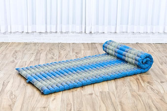 Leewadee - Foldable Floor Mattress - Japanese Roll Up Futon -Trifold Tatami Mat- Guest Floor Bed - Camping Mattress - Thai Massage Mat, Kapok Filled, 75 x 28 inches, Light Blue - Bloomnest