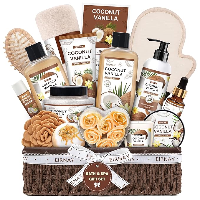 Christmas Gifts For Women - 16 PCS Birthday Gift Basket for Women Set of Coconut Vanilla Self Pampering Set, Includes Luxurious Home Spa Shower Gel Bubble Bath - Bloomnest