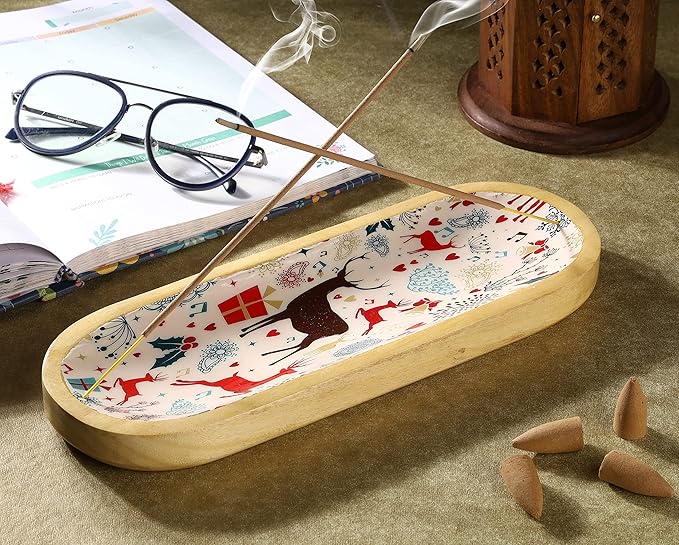 Bless-International Traditional-Handmade-Tray-Burner Wooden-Trat-Incense-Stick-Holder Ash-Catcher-Stand for-Aromatherapy-Meditation-Yoga (Celebration, 11x4x1.22 Inches) - Bloomnest