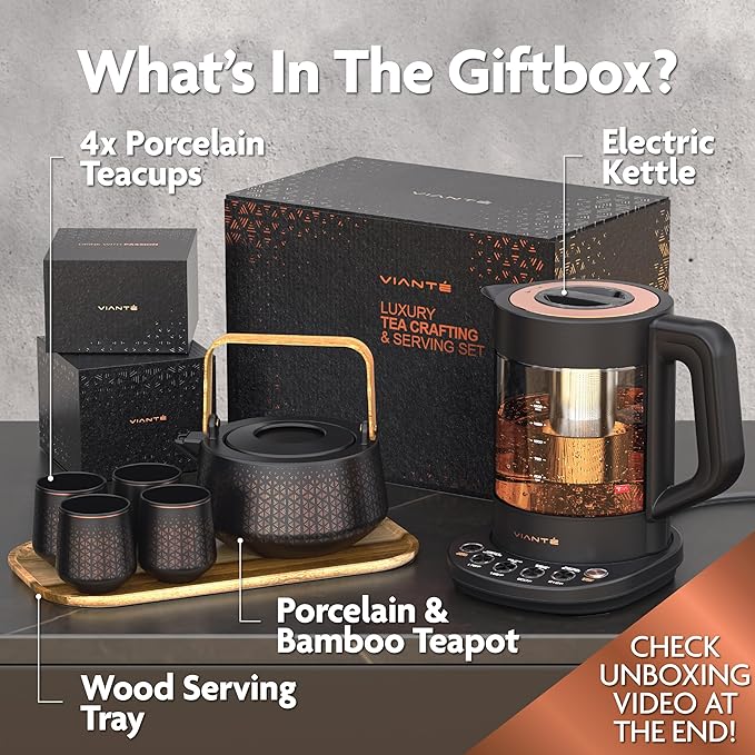 Vianté Luxury Tea Set. Electric Kettle with Infuser for Loose Leaf And Ceramic Serving Set. Teapot and Cup Set with Wooden Tray. Excellent Gift Idea For Tea Lovers. - Bloomnest