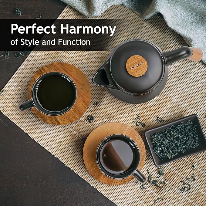 MIAMIO – 34 Oz Ceramic Tea Pot Set with Infuser and Cups/Tea Strainer, 4 Ceramic Tea Mugs (10 Oz), Bamboo Saucers/Handle for Home and Office (Black) - Bloomnest