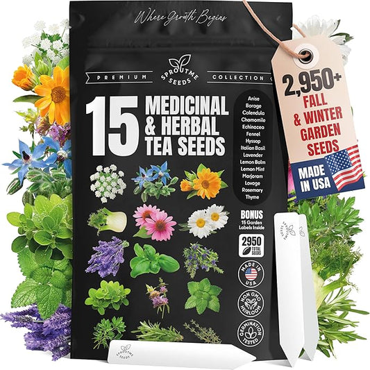 15 Medicinal & Herbal Tea Seeds Variety Pack Home Garden Kit Plant Markers 2950+ Non-GMO Heirloom Indoor Hydroponic Outdoors Planting Herb Anise Basil Calendula Fennel Mint Rosemary Lavender Chamomile