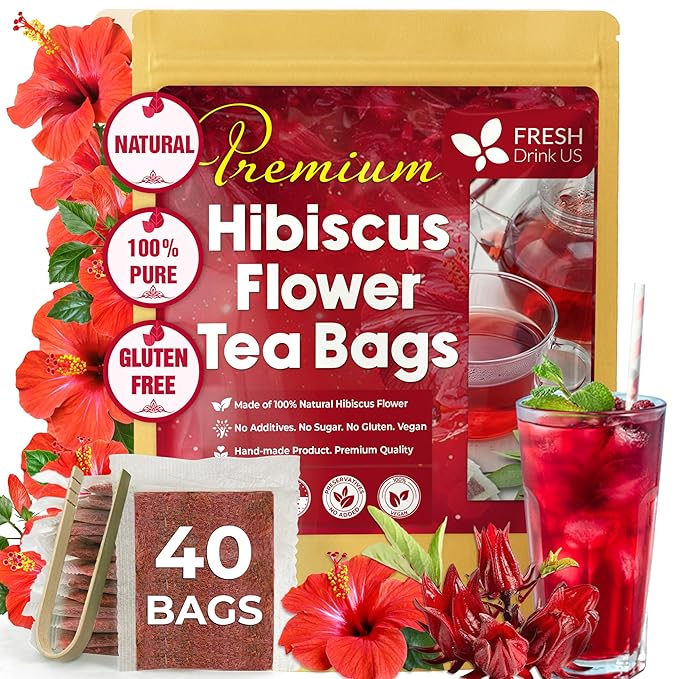 FreshDrinkUS, Premium 40 Hibiscus Flowers Tea Bags, 100% Natural, Pure from Hibiscus Flowers. Loose Flower Herbal Tea. No Sugar, No Caffeine, No Gluten, Vegan. - Bloomnest