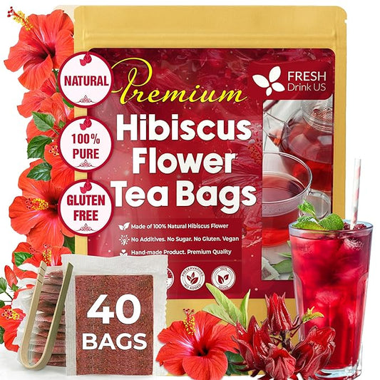 FreshDrinkUS, Premium 40 Hibiscus Flowers Tea Bags, 100% Natural, Pure from Hibiscus Flowers. Loose Flower Herbal Tea. No Sugar, No Caffeine, No Gluten, Vegan. - Bloomnest