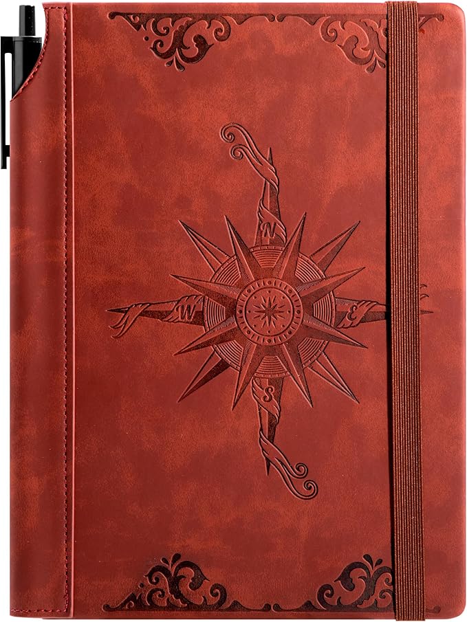 CAGIE Compass Leather Notebook Journal for Men, 100 GSM 288 Pages Lined Journals for Writing, A5 Hardcover Journaling Notebooks Gift Set with Pen for Travel Office Daily Writing - Bloomnest