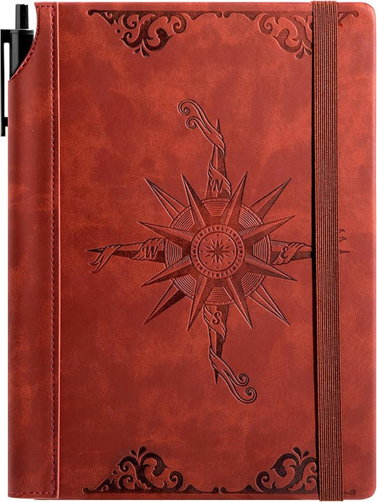 CAGIE Compass Leather Notebook Journal for Men, 100 GSM 288 Pages Lined Journals for Writing, A5 Hardcover Journaling Notebooks Gift Set with Pen for Travel Office Daily Writing - Bloomnest