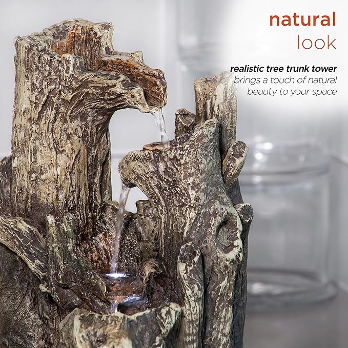 Alpine Corporation WIN786S Indoor 5 Tiered Rainforest Tree Trunk Tabletop Waterfall Fountain with LED Lights, 14" Tall, Brown - Bloomnest