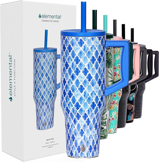 Elemental 40 oz Tumbler with Handle and Straw - Spill Proof Insulated Stainless Steel Commuter for Hot and Cold Beverages - Travel Coffee Mug with 2 Straws & Spill Proof Lid - 40oz - Blue Tile - Bloomnest