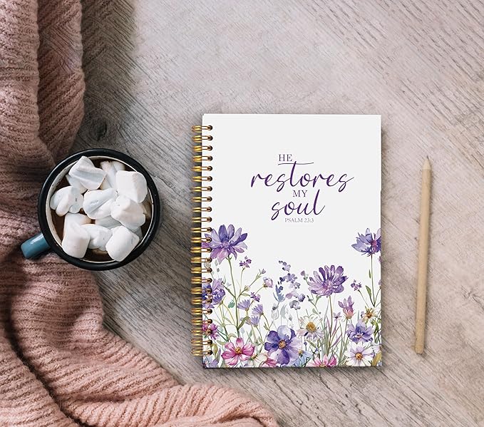 Christian Notebook for Women, Christian Art Gifts Journal, Prayer Journal for Women, Bible Journaling Notebook, PSALM 23:3 He Restores My Soul Floral Spiral Notebook 5.5x8.3 - Bloomnest