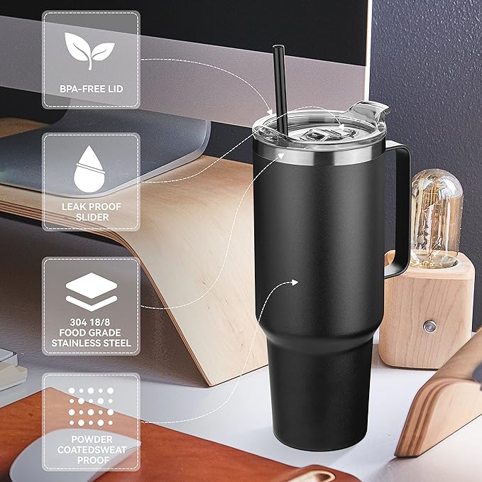 HASLE OUTFITTERS 40 oz Stainless Steel Tumbler with Handle, Vacuum Insulated Tumblers Bulk, Reusable Double Wall Travel Coffee Mug, Durable Powder Coated Water Bottles(Black, 8) - Bloomnest
