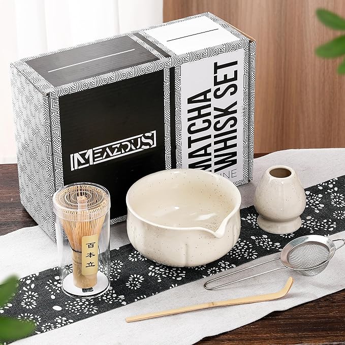 Matcha Whisk Set – 5 Piece Japanese Matcha Tea Set w/Ceramic Matcha Bowl, 100-Prong Bamboo Whisk & Holder, Scoop, & Stainless Sifter – Traditional Matcha Making Kit (Off-White) - Bloomnest