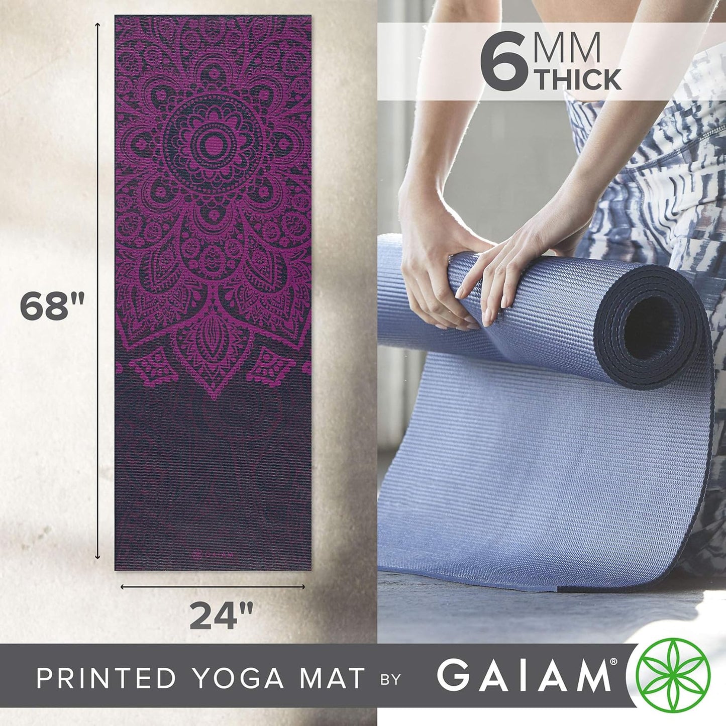 Gaiam Yoga Mat - Premium 6mm Print Extra Thick Non Slip Exercise & Fitness Mat for All Types of Yoga, Pilates & Floor Workouts (68"L x 24"W x 6mm Thick)