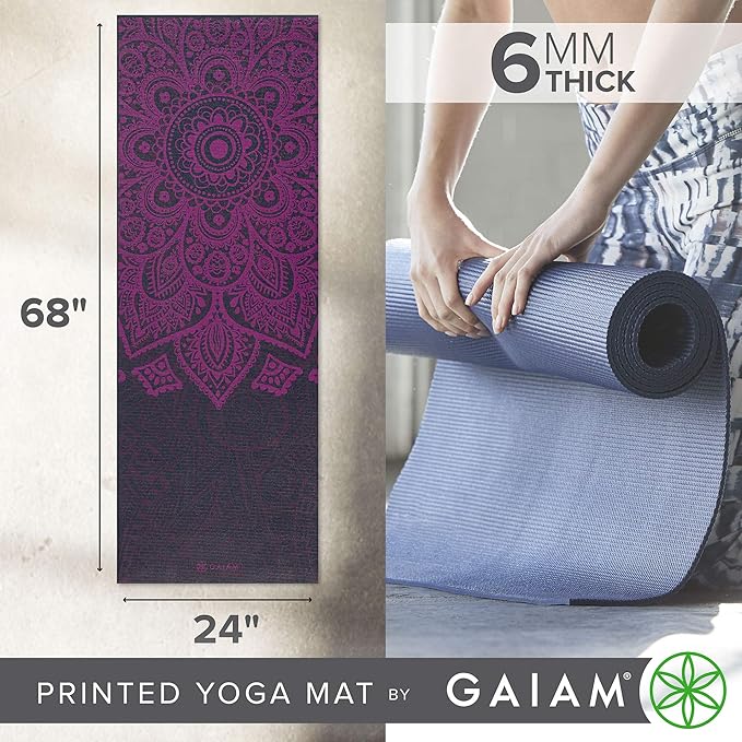 Gaiam Yoga Mat - Premium 6mm Print Extra Thick Non Slip Exercise & Fitness Mat for All Types of Yoga, Pilates & Floor Workouts (68"L x 24"W x 6mm Thick) - Bloomnest