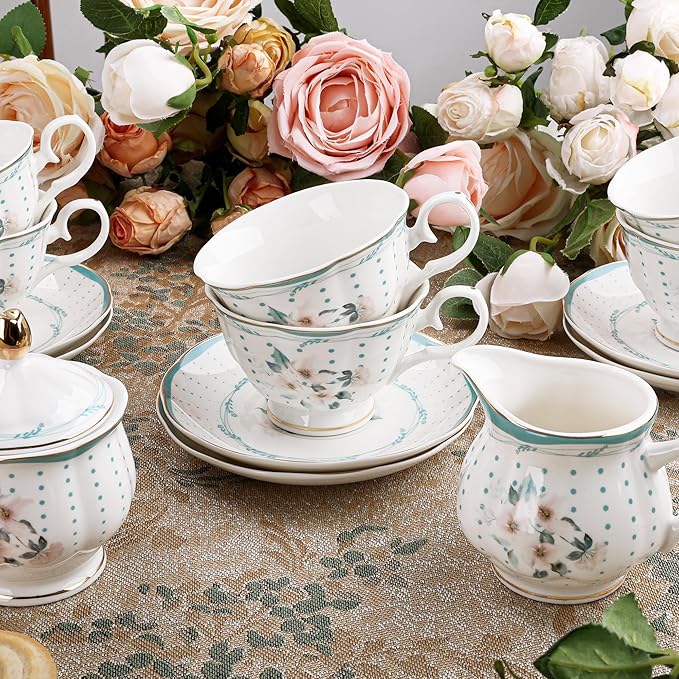 fanquare 21 Pieces Royal Style Porcelain Tea Set with Gold Trim, Vintage White Camellia Polka Dots Tea Sets, 6 Teacup and Saucers for Party Home Wedding - Bloomnest