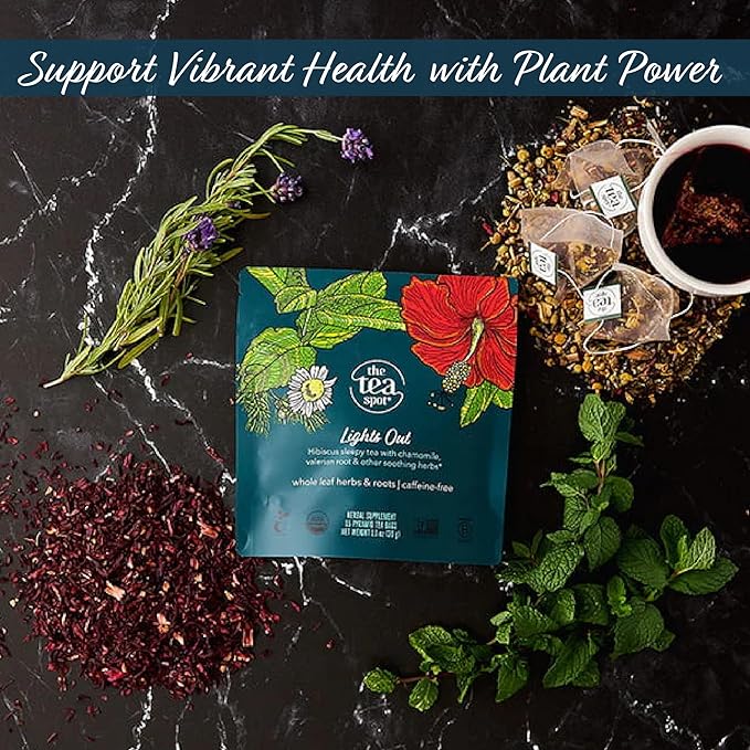 The Tea Spot Organic Lights Out Tea with Valerian Root Relaxation | Blend of Hibiscus, Peppermint, Chamomile, Lavender, Licorice Root & Valerian Root | Caffeine-Free 15 Tea Bags, Pack of 1 - Bloomnest