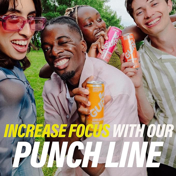 GURU Peach Mango Punch Organic Energy Drinks, Clean Energy Drink with Plant Based Natural Caffeine from Green Tea + Focus with L Theanine, Gluten Free and Vegan, 140MG Caffeine, 12oz (Pack of 24) - Bloomnest