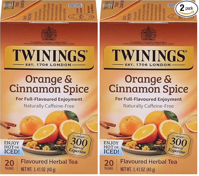 Twinings Orange & Cinnamon Spice Herbal Tea Individually Wrapped Bags, 20 Count (Pack of 2), Naturally Caffeine-Free, Enjoy Hot or Iced, 20 Teabags - Bloomnest
