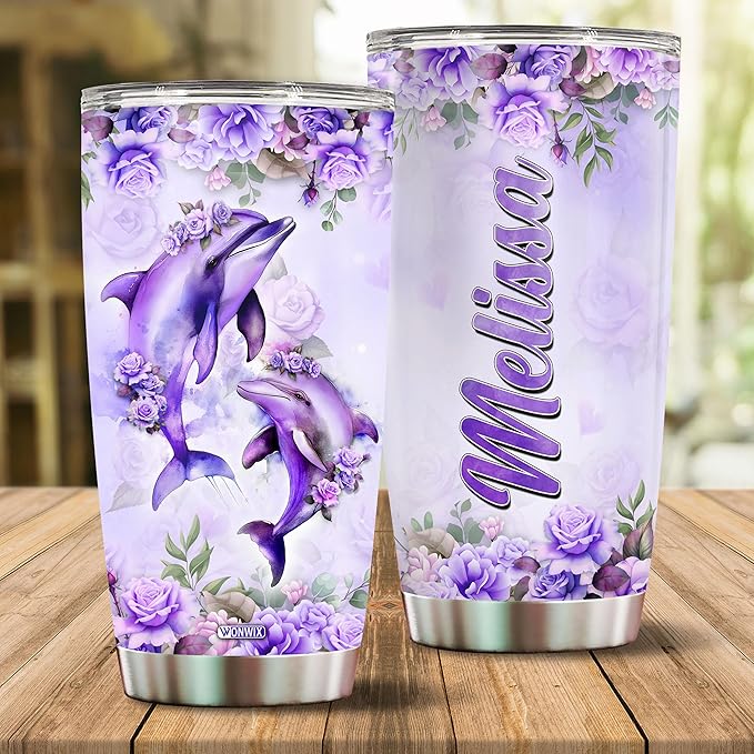 Personalized Dolphin Tumbler Customized Name Dolphins Coffee Mug Gifts For Women Girls Custom Water Bottle Mugs 20oz Gift For Adults Christmas Birthday Insulated Stainless Steel Cup With Lid - Bloomnest