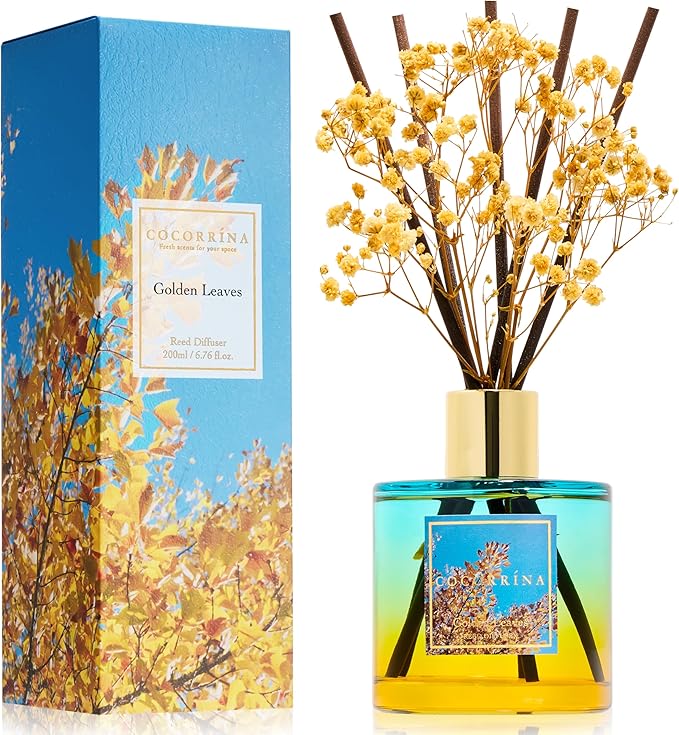 COCORRÍNA Reed Diffuser - Golden Leaves Reed Diffuser Set with 8 Sticks & Preserved Baby's Breath, Reed Diffuser for Home Bathroom Shelf Decor - Bloomnest