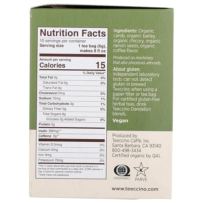 Teeccino French Roast Herbal Tea - Rich & Roasted Herbal Tea That’s Caffeine Free & Prebiotic for Natural Energy, Coffee Alternative, 10 Tea Bags - Bloomnest