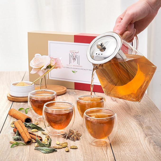 Mixpresso 5 Piece Glass Tea Pot Set, Kettle with Removable Infuser, Clear Glass Teapot 33oz With 4 Double Wall Cups 2.7oz Stovetop Safe Teapot For Loose Leaf Tea, Perfct As Tea Gift Sets. - Bloomnest