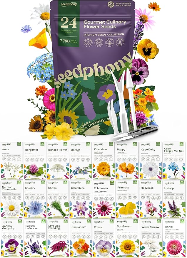 24 Gourmet Culinary Flower Seeds Variety Pack - 7,790+ Non-GMO Heirloom Flower Seeds for Planting Indoor & Outdoor Home Garden - Culinary Flowers Seed Packets for Planting Edible Flowers - Bloomnest