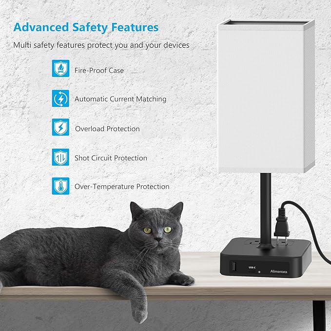 Bedside Table Lamp with Touch Control & USB C+A Charging Ports LED Desk Lamp with 2 AC Outlets, Minimalist Nightstand Light with Black Fabric Shade for Bedroom, Living Room, Office, White - Bloomnest