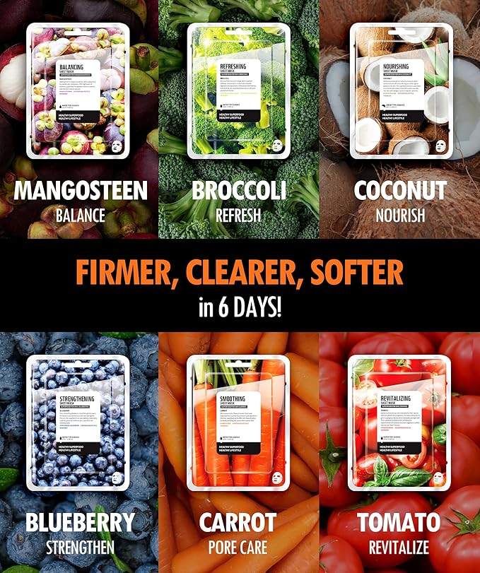 FARMSKIN Superfood Salad Sheet Mask Set of 6 | Korean Face Mask Sheets w/Mangosteen, Broccoli, Carrot, Coconut, Blueberry & Tomato | Refreshing, Nourishing & Cruelty-Free Face Mask Skincare Set - Bloomnest